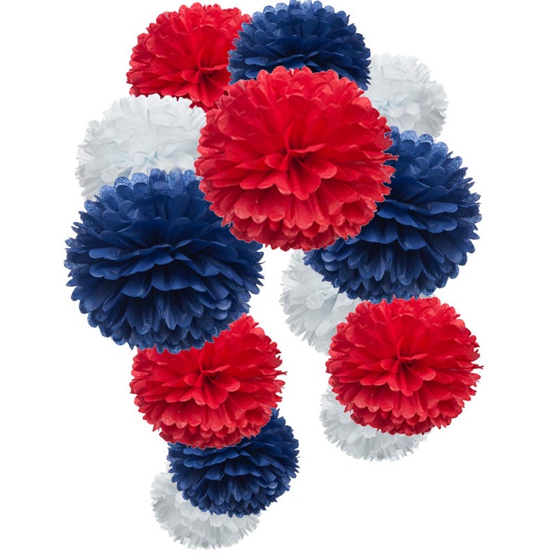 MOWO Paper Flower Tissue Pom Poms Party Supplies (red,Royal Blue,White,12pc) - Image 1